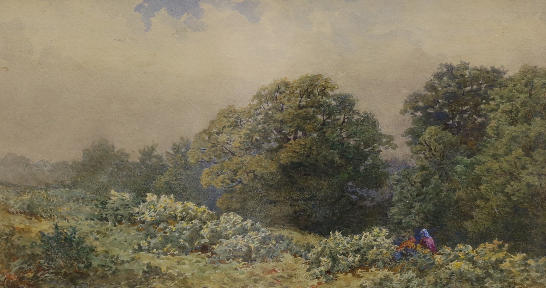 H.B., watercolour, Figures in woodland, signed, 15 x 28cm and a watercolour street scene by another hand, 27 x 19cm